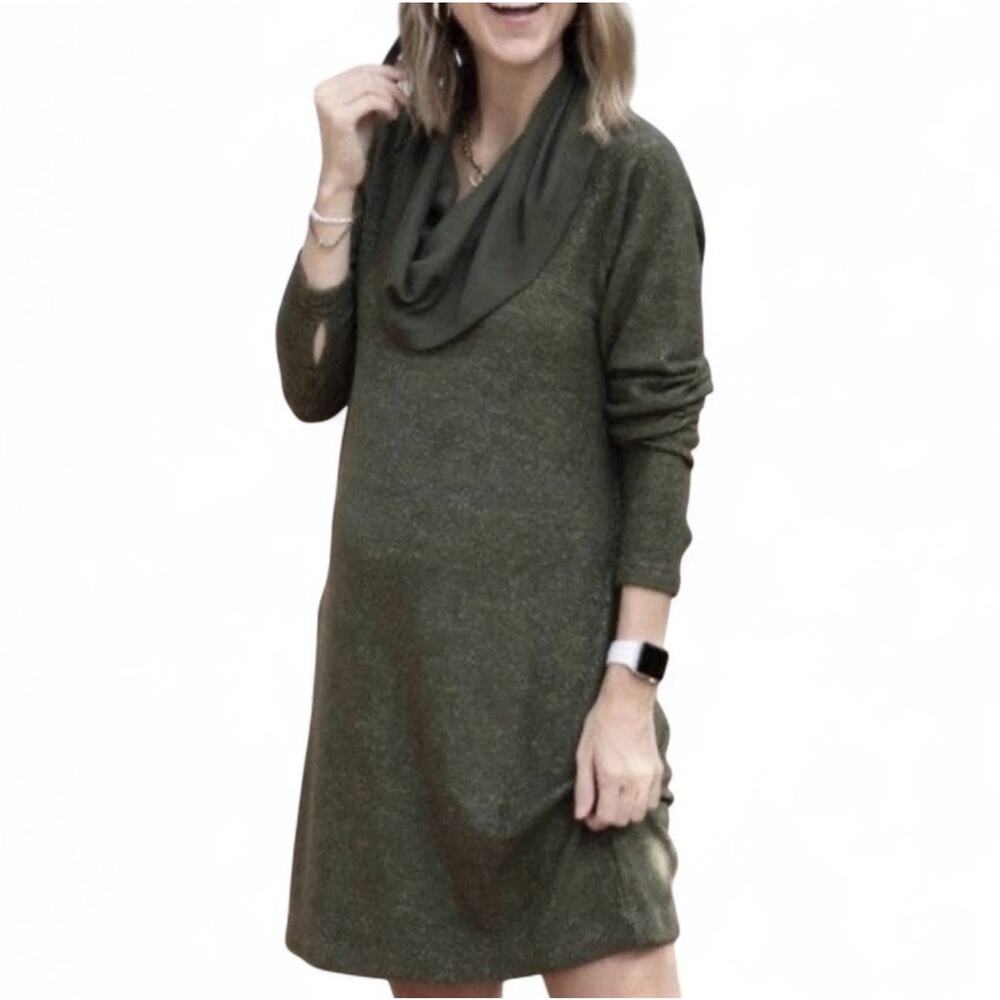 CAbi Solace Cowl Neck Sweater Dress Sz S Tie Back Marled Olive Green Thumb Holes